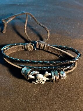 Mens Black Leather Skull & Bead Wrap Bracelet